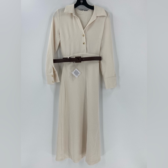 Zara Women's Ecru Belted Waist Midi Dress Size XS - Picture 4 of 13